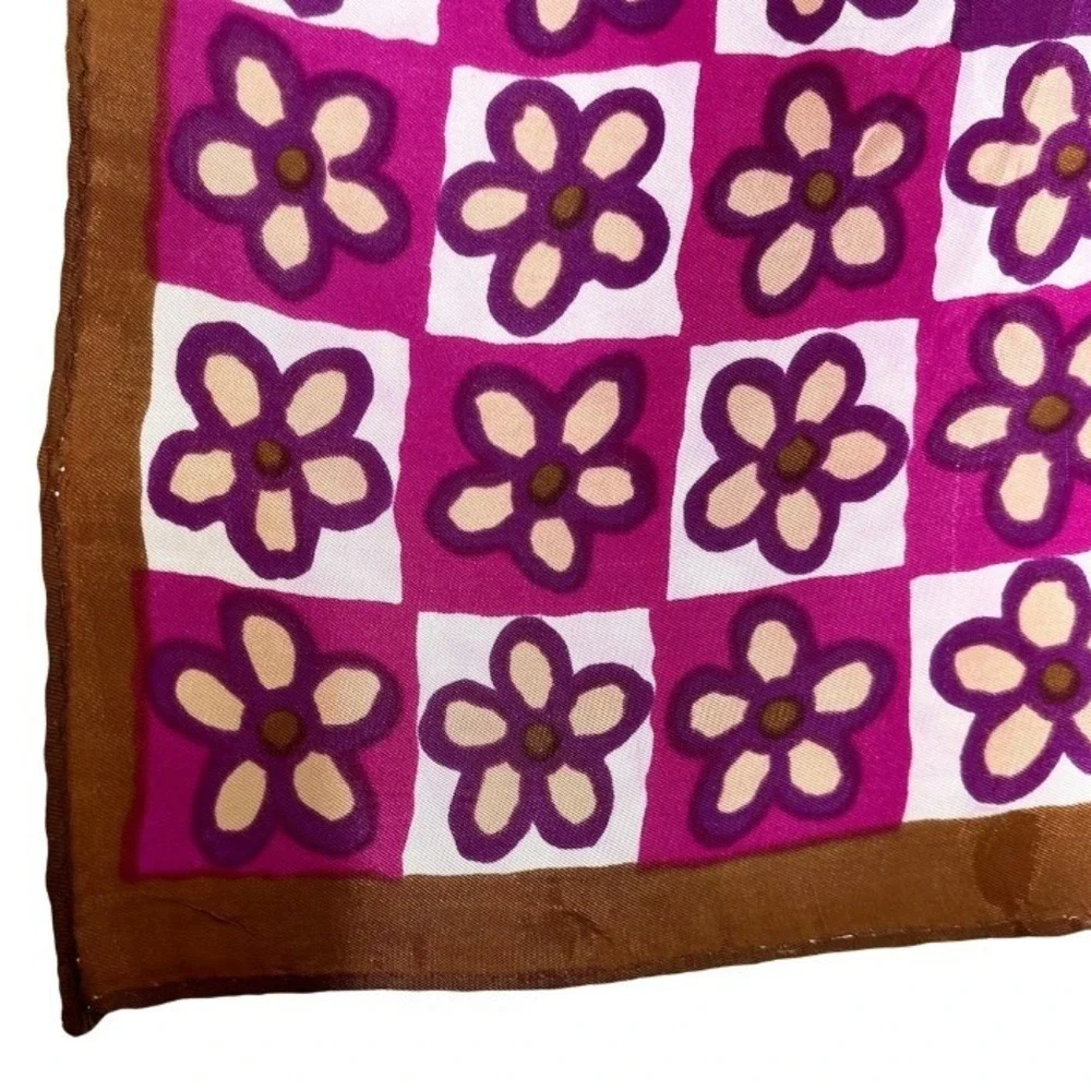 Lestaire Vintage Purple Floral Silk Scarf Square Hand Rolled Retro Daisy Print